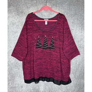 Catherines Slub Knit Tunic Top Womens Size 3X Pink Black Sequins Beaded Trees